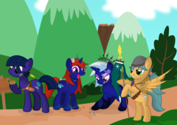 Size: 8500x6000 | Tagged: safe, artist:csillaghullo, oc, oc only, earth pony, pegasus, pony, unicorn, g4, absurd resolution, compass, flag, group