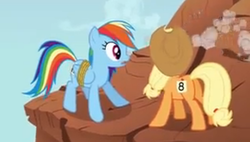 Size: 609x345 | Tagged: safe, screencap, applejack, rainbow dash, pony, fall weather friends, g4, cliff, out of context