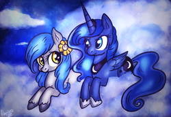 Size: 2243x1546 | Tagged: safe, artist:flarities, princess luna, oc, pegasus, pony, g4, cloud, cloudy, flower