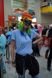 Size: 3264x4912 | Tagged: artist needed, safe, rainbow dash, human, g4, convention, cosplay, goggles, irl, irl human, london, london mcm expo, photo