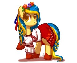 Size: 1260x1024 | Tagged: safe, artist:hellaoggi, oc, oc only, oc:ukraine, earth pony, pony, clothes, cute, nation ponies, ocbetes, shoes, skirt, solo, ukraine