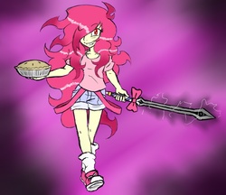 Size: 950x820 | Tagged: safe, artist:ichibangravity, pinkie pie, human, ask king sombra pie, g4, clothes, converse, female, food, humanized, pie, possessed, shoes, shorts, solo, suspenders, sword, weapon