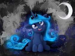 Size: 3000x2250 | Tagged: safe, artist:shaadorian, princess luna, g4, crescent moon, cute, female, filly, fluffy, glowing, looking up, moon, open mouth, prone, smiling, solo, sparkles, woona