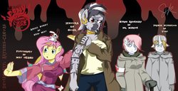 Size: 1247x640 | Tagged: safe, artist:arteses-canvas, angel bunny, fluttershy, nurse redheart, prince blueblood, zecora, zebra, anthro, g4, alternate hairstyle, badass, crossover, dr. marcoh, flutterbadass, fullmetal alchemist, may chang, scar, scar the ishvalan, shao may, tattoo, yoki