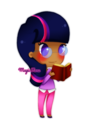 Size: 500x648 | Tagged: safe, artist:magicharu, twilight sparkle, human, g4, blushing, book, chibi, dark skin, female, glasses, humanized, solo