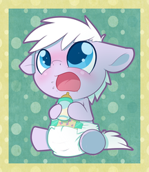 Size: 864x1000 | Tagged: safe, artist:cuddlehooves, oc, oc only, pony, baby, baby bottle, baby pony, bottle, burp, cutie mark diapers, diaper, poofy diaper, solo
