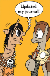 Size: 365x549 | Tagged: safe, artist:hakar-kerarmor, pony, unicorn, annah, broken horn, dialogue, floppy ears, horn, looking at each other, meme, morte, open mouth, orange background, planescape torment, raised hoof, scar, screaming armor, shrunken pupils, simple background, the nameless one