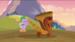 Size: 1280x720 | Tagged: safe, screencap, spike, dragon, g4, hurricane fluttershy, alpine horn, horn, male, solo