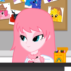Size: 322x318 | Tagged: safe, applejack, pinkie pie, princess luna, queen chrysalis, oc, oc only, oc:fluffle puff, equestria girls, g4, bedroom eyes, clothes, crayon, drawing, equestria girls-ified, eyeshadow, female, hat, long sleeves, makeup, paper hat, shirt, solo