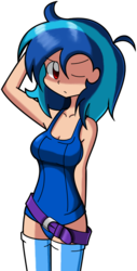 Size: 438x862 | Tagged: safe, artist:kurus22, dj pon-3, vinyl scratch, human, g4, belt, clothes, female, humanized, one-piece swimsuit, pixiv, school swimsuit, solo, swimsuit, thigh highs