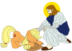 Size: 800x560 | Tagged: safe, artist:lycanianspike, applejack, earth pony, human, pony, g4, blessing, christianity, female, jesus christ, mare, religion, religious, religious focus, simple background, transparent background