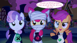 Size: 1280x720 | Tagged: safe, artist:jan, apple bloom, scootaloo, sweetie belle, ask the crusaders, g4, creeper, cutie mark crusaders, moneybags, single panel, spyro the dragon (series), trick or treat