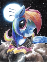 Size: 2687x3573 | Tagged: safe, artist:tsitra360, rainbow dash, g4, clothes, cloud, cute, dashabetes, female, moon, night, shadowbolt dash, shadowbolts costume, solo, stars, tongue out, traditional art, wink