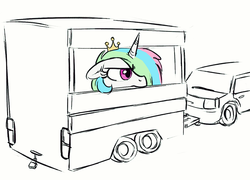 Size: 1000x720 | Tagged: artist needed, safe, princess celestia, g4, black and white, car, female, floppy ears, frown, grayscale, horses doing horse things, monochrome, partial color, solo, trailer, unamused