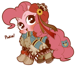 Size: 783x682 | Tagged: safe, artist:うめぐる, pinkie pie, g4, clothes, female, pixiv, scarf, shoes, solo