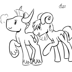 Size: 1200x1200 | Tagged: dead source, safe, artist:rwl, aries (g4), taurus (g4), earth pony, pony, g4, aries, duo, duo male, fake horns, gay, horn, male, ponyscopes, raised hoof, ram, ship:tauries, simple background, snorting, stallion, taurus, white background