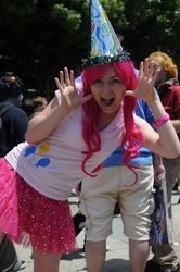 Size: 712x1072 | Tagged: artist needed, safe, artist:squigit, pinkie pie, human, g4, cosplay, fanimecon, hat, irl, irl human, party hat, photo