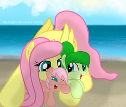 Size: 777x661 | Tagged: safe, artist:shrapnelleader, fluttershy, oc, pegasus, pony, g4, beach, fanfic, filly, mother and daughter, offspring, parent:fluttershy, parent:unnamed oc, parents:canon x oc, sisters
