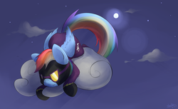 Size: 2268x1392 | Tagged: safe, artist:slackerthehacker, rainbow dash, g4, clothes, cloud, cloudy, female, shadowbolt dash, shadowbolts costume, solo