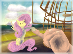 Size: 2438x1800 | Tagged: safe, artist:hengebellika, fluttershy, human, g4, bird cage, cage, female, hand, micro, solo