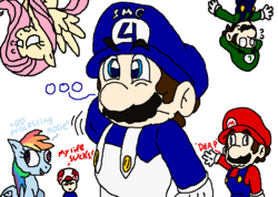 Size: 763x544 | Tagged: safe, artist:icepony64, fluttershy, rainbow dash, g4, derp, dialogue, luigi, male, mario, simple background, smg4, super mario bros., toad (mario bros), transparent background