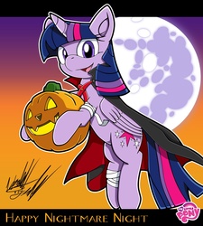 Size: 1080x1200 | Tagged: safe, artist:fuzon-s, twilight sparkle, alicorn, pony, g4, cape, clothes, female, halloween, jack-o-lantern, logo, looking at you, mare, mare in the moon, moon, nightmare night, pumpkin, solo, sonic channel, sonic the hedgehog (series), style emulation, twilight sparkle (alicorn), yuji uekawa style