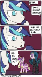 Size: 991x1805 | Tagged: safe, artist:timsplosion, princess cadance, queen chrysalis, shining armor, alicorn, changeling, changeling queen, pony, unicorn, comic:shining armor is a goddamn moron, g4, comic, dialogue, disguise, disguised changeling, fake cadance, female, funny, male, mare, mask, no pupils, paper-thin disguise, seems legit, shining armor is a goddamn moron, speech bubble, spot the imposter, spy, spy (tf2), stallion, stupidity, team fortress 2, this will end in a night on the couch, too dumb to live