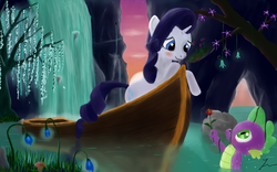 Size: 1280x800 | Tagged: safe, artist:infernal-jason, rarity, spike, g4, boat, female, male, scenery, ship:sparity, shipping, straight, water, waterfall