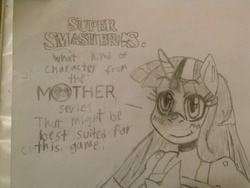 Size: 2592x1944 | Tagged: artist needed, source needed, safe, twilight sparkle, anthro, g4, dialogue, mother, nintendo, super smash bros., traditional art, video game