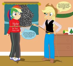 Size: 940x850 | Tagged: safe, artist:garretthegarret, applejack, rainbow dash, equestria girls, g4, christmas, double entendre, human coloration, lasso