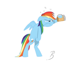 Size: 1581x1332 | Tagged: safe, artist:pandramodo, rainbow dash, pegasus, pony, g4, bipedal, cider, dripping, drunk, drunker dash, female, hangover, mare, signature, simple background, solo, transparent background, unamused, vector