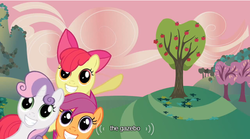 Size: 500x278 | Tagged: safe, screencap, apple bloom, scootaloo, sweetie belle, g4, hearts and hooves day (episode), cutie mark crusaders, gazebo, hearts and hooves day, meme, mlp-captions, tree, youtube caption