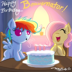 Size: 1042x1051 | Tagged: safe, artist:walliscolours, fluttershy, rainbow dash, pony, g4, artist, baby, baby dash, baby pony, babyshy, birthday, birthday cake, cake, cute, dashabetes, duo, female, filly, filly fluttershy, filly rainbow dash, foal, food, happy birthday, shyabetes, younger