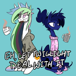 Size: 1750x1750 | Tagged: safe, artist:hak2, princess celestia, princess luna, pony, g4, bed mane, bunny slippers, clothes, coffee, cup, cyan background, duo, female, hoodie, mare, misspelling, moonbase alpha, morning ponies, mug, pajamas, princess necklestia, royal sisters, uselesstia