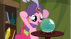 Size: 950x534 | Tagged: safe, artist:themightyshizam, pinkie pie, earth pony, pony, g4, animated, bipedal, clothes, crystal ball, cute, diapinkes, eye shimmer, eyes on the prize, female, hooves up, looking at something, loop, madame pinkie, mare, mystical orb of fate's destiny, open mouth, romani, scarf, smiling, solo, table, turban