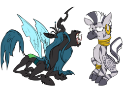 Size: 1700x1200 | Tagged: safe, artist:skittles-z0mbie, queen chrysalis, zecora, changeling, changeling queen, zebra, g4, duo, duo female, female, hoers, simple background, transparent background, unamused