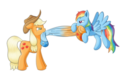 Size: 1031x625 | Tagged: safe, artist:ratofdrawn, applejack, rainbow dash, earth pony, pegasus, pony, g4, female, lesbian, mare, pulling, ship:appledash, shipping, simple background, towel, transparent background