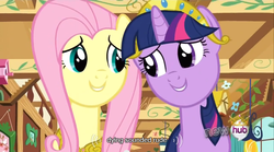 Size: 640x355 | Tagged: safe, screencap, fluttershy, twilight sparkle, g4, magical mystery cure, big crown thingy, meme, mlp-captions, youtube caption