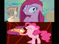 Size: 1024x768 | Tagged: safe, pinkie pie, scootaloo, earth pony, pegasus, pony, g4, female, filly, fistful of yen, imminent vore, lunch, mare, money, wide eyes