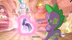 Size: 640x355 | Tagged: safe, screencap, spike, twilight sparkle, pony, g4, magical mystery cure, butt, female, mare, meme, mlp-captions, plot, youtube caption