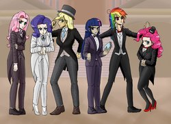 Size: 1052x760 | Tagged: safe, artist:asdf314159265, applejack, fluttershy, pinkie pie, rainbow dash, rarity, twilight sparkle, human, friendship is manly, g4, bowtie, clothes, female, flexing, frock coat, humanized, mane six, pantyhose, parody, suit, tuxedo, tuxedo's breastplate