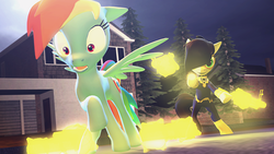 Size: 1024x576 | Tagged: safe, artist:midnightmint-1, rainbow dash, oc, oc:palette, g4, 3d, clothes, costume, gmod, hard light, night, sinestro corps, team fortress 2