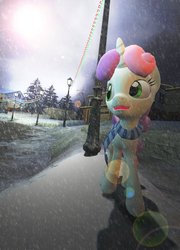Size: 759x1053 | Tagged: safe, artist:midnightmint-1, sweetie belle, g4, 3d, clothes, cute, diasweetes, female, gmod, scarf, snow, snowfall, solo