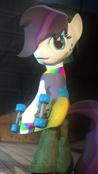 Size: 768x1366 | Tagged: safe, artist:midnightmint-1, oc, oc only, pony, semi-anthro, 3d, bandaid, bipedal, clothes, freckles, gmod, hair over one eye, pose, skateboard, solo, violet ice