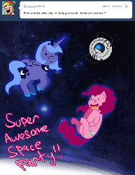 Size: 500x647 | Tagged: safe, artist:steveholt, pinkie pie, princess luna, g4, animated, female, personality core, pinkie pie answers, portal (valve), space, tumblr, wheatley