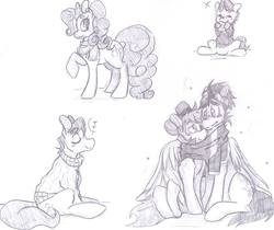 Size: 960x808 | Tagged: safe, artist:cleppyclep, braeburn, caramel, pinkie pie, soarin', g4, clothes, cute, gay, male, scarf, shared clothing, shared scarf, ship:soarburn, shipping, sketch, sketch dump, sweater
