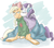 Size: 1178x1030 | Tagged: safe, artist:cleppyclep, applejack, rarity, earth pony, pony, unicorn, g4, bedroom eyes, blanket, blushing, cheek kiss, clothes, cute, duo, eyes closed, female, kissing, lesbian, mare, palindrome get, ship:rarijack, shipping, sitting, smiling, sweater, underhoof
