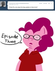 Size: 500x647 | Tagged: safe, artist:steveholt, pinkie pie, g4, clothes, female, gabe newell, glasses, pinkie pie answers, solo, tumblr