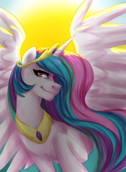 Size: 2200x3000 | Tagged: safe, artist:etrnlpeace, princess celestia, alicorn, pony, g4, backlighting, female, smiling, solo, sun