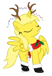 Size: 928x1339 | Tagged: safe, artist:zomgitsalaura, oc, oc only, oc:ticket, alicorn, pony, alicorn oc, antlers, christmas, christmas lights, simple background, solo, transparent background